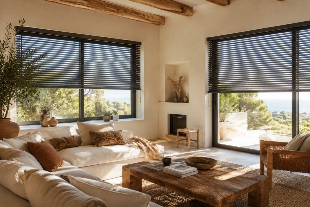 Salón con persianas nuevas instaladas en una vivienda de Sant Pere de Ribes